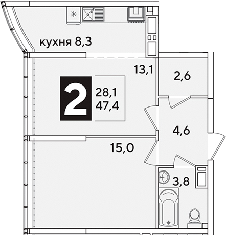 2-комн., 47.4 м², 15/16 этаж, ЖК «Самолет»