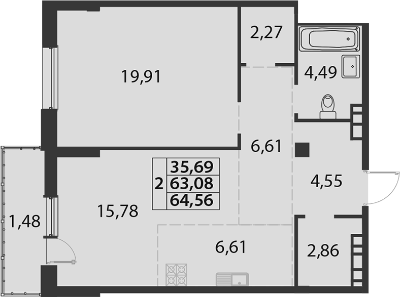 Продается 2-комн. квартира, 63.08 м²