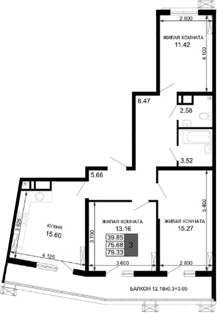 4+ комнаты, 75.68 м², 24/24 этаж, ЖК «Фонтаны»