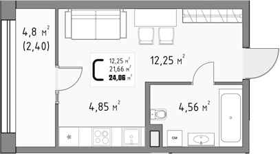 Студия, 21.66 м², 3/9 этаж, ЖК «Коллекция»