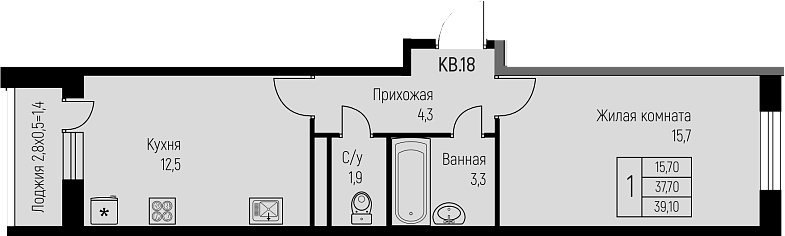 1-комн., 37.7 м², 3/3 этаж, ЖК «Nova Vita»