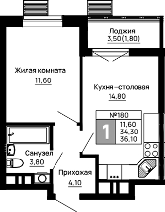 1-комн., 34.3 м², 8/11 этаж, ЖК «Традиции»