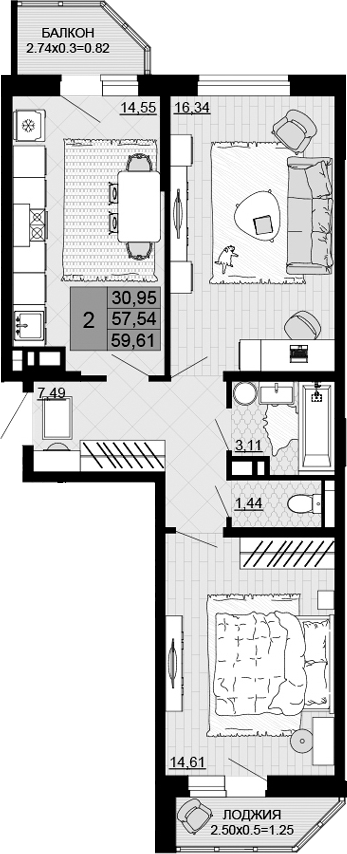 2-комн., 57.54 м², 9/12 этаж, ЖК «Дружба»