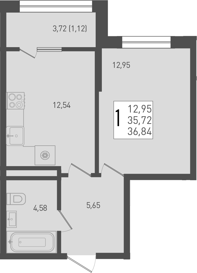 1-комн., 35.72 м², 5/9 этаж, ЖК «Югге»