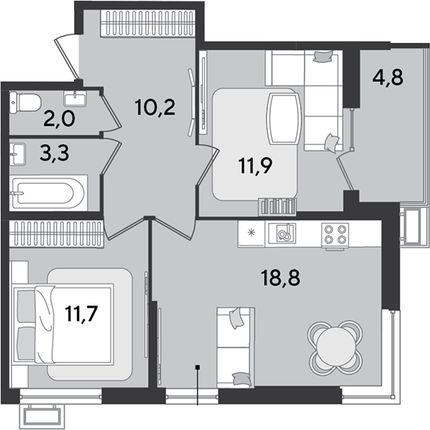 3-комн., 57.9 м², 2/9 этаж, ЖК «Парк Победы»