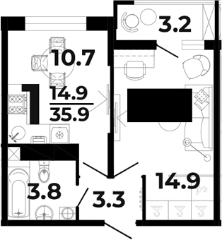 1-комн., 32.7 м², 6/8 этаж, ЖК «Горячий»
