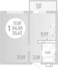 1-комн., 34.58 м², 4/8 этаж, ЖК «Первый»