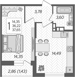 1-комн., 36.22 м², 12/12 этаж, ЖК «Смородина»