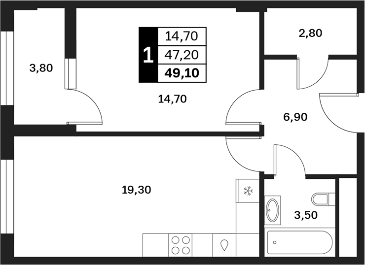 1-комн., 47.2 м², 8/12 этаж, ЖК «Аксис Патриот»
