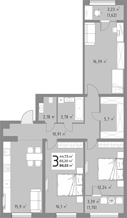 3-комн., 83.2 м², 9/9 этаж, ЖК «Коллекция»