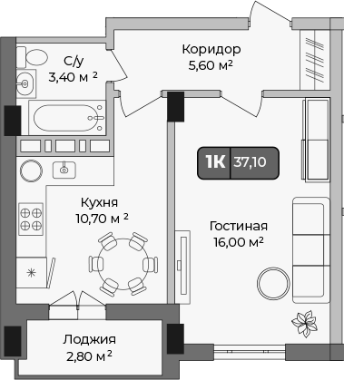 1-комн., 35.7 м², 1/9 этаж, ЖК «Опера»