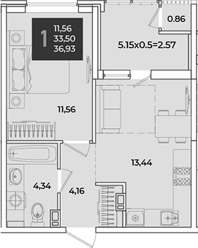 1-комн., 34.36 м², 7/18 этаж, ЖК «Образцово»
