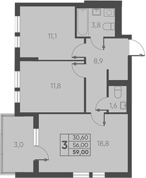 2-комн., 56 м², 10/15 этаж, ЖК «Барса»