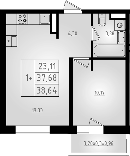 2-комн., 37.68 м², 2/8 этаж, ЖК «Мега 2»