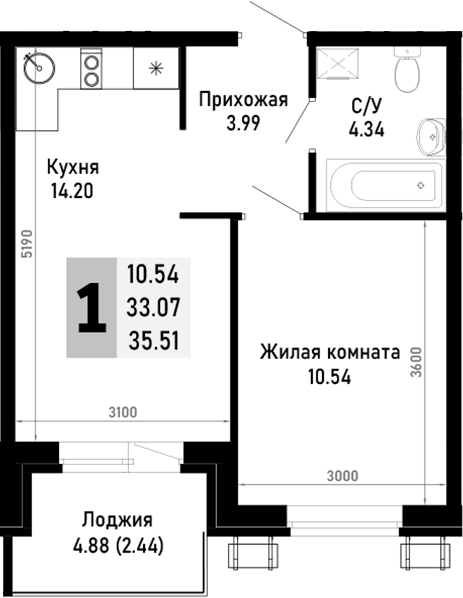 1-комн., 33.07 м², 2/4 этаж, ЖК «Усадьба Гостагаевская»