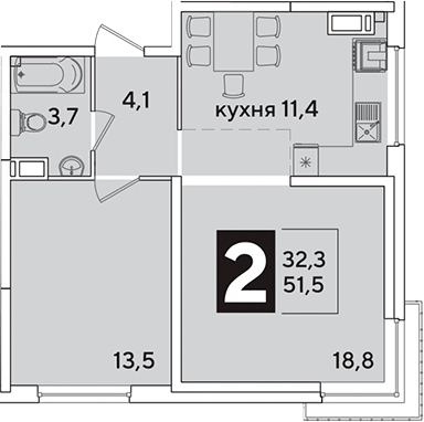 2-комн., 51.5 м², 14/16 этаж, ЖК «Самолет»