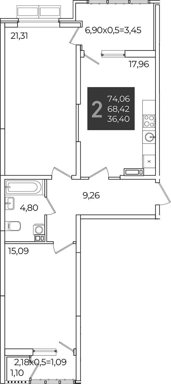 2-комн., 68.42 м², 4/21 этаж, ЖК «Образцово»