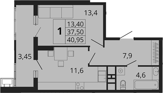 1-комн., 37.5 м², 15/18 этаж, ЖК «Родные Просторы»