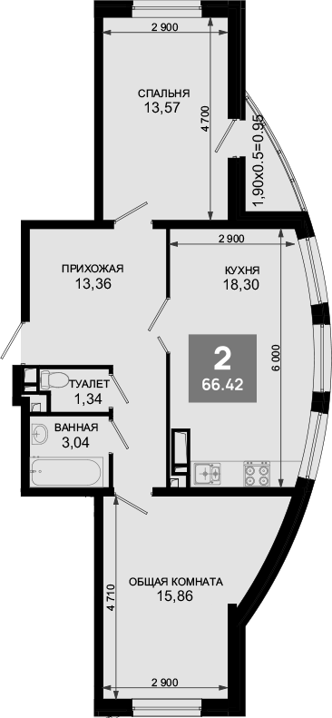 3-комн., 65.47 м², 19/19 этаж, ЖК «Лучший»