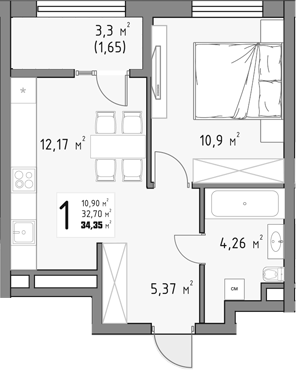 1-комн., 32.7 м², 11/15 этаж, ЖК «Коллекция»