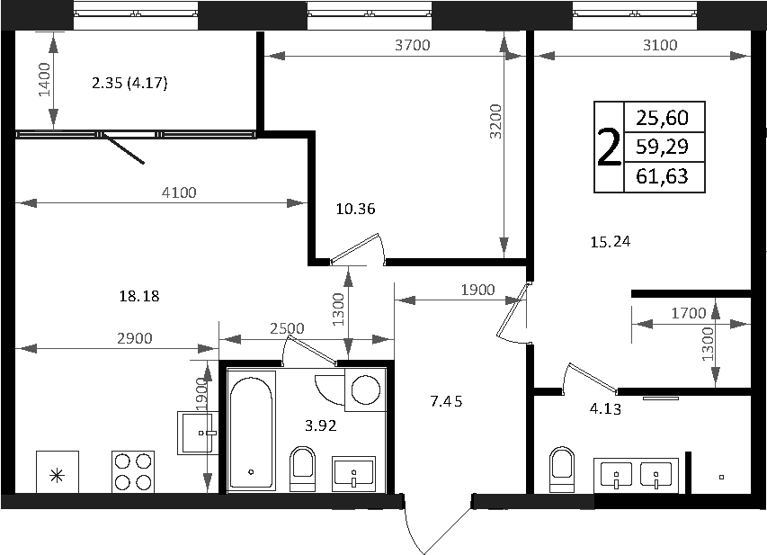 3-комн., 59.28 м², 15/16 этаж, ЖК «Патрики»