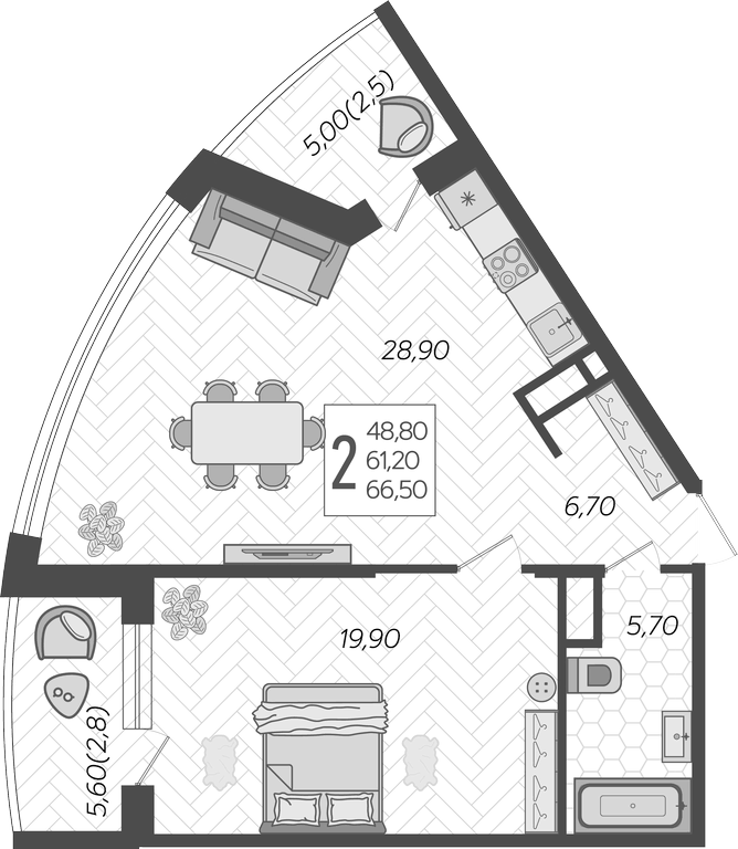2-комн., 61.2 м², 9/16 этаж, ЖК «Зеленодар»