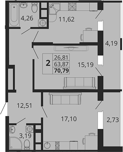 2-комн., 63.87 м², 12/18 этаж, ЖК «Родные Просторы»