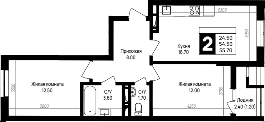2-комн., 54.5 м², 12/12 этаж, ЖК «На высоком берегу»