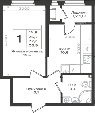 1-комн., 35.7 м², 2/12 этаж, ЖК «Нагория»