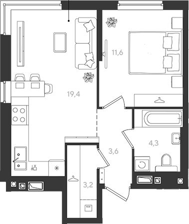 Продается 1-комн. квартира, 42.1 м²