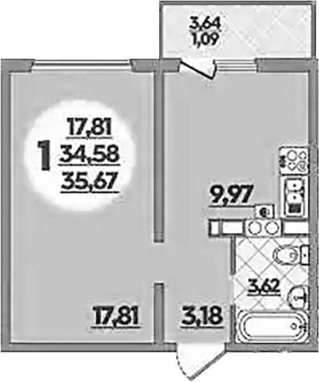 1-комн., 34.58 м², 3/5 этаж, ЖК «Тихорецк»