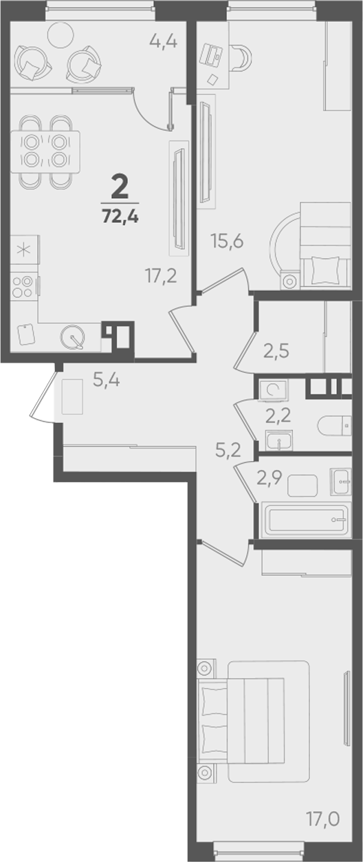 2-комн., 68 м², 6/9 этаж, ЖК «Барса»