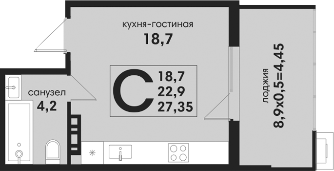 Студия, 22.9 м², 3/4 этаж, ЖК «Новая Елизаветка»