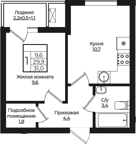 1-комн., 29.9 м², 6/7 этаж, ЖК «Европа-Сити»