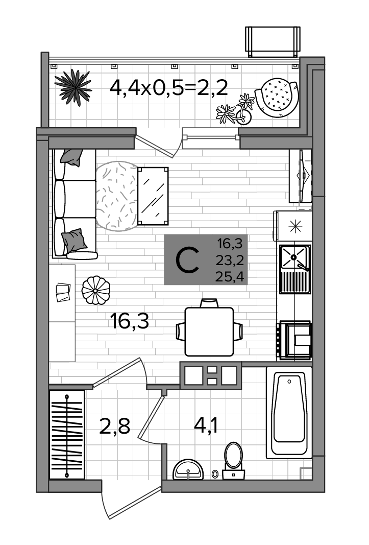 Студия, 23.2 м², 8/16 этаж, ЖК «Сармат»