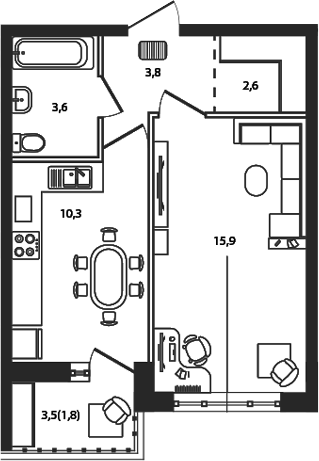1-комн., 36.2 м², 2/9 этаж, ЖК «Сиреневый бульвар»