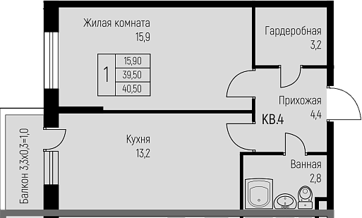 1-комн., 39.5 м², 1/3 этаж, ЖК «Nova Vita»