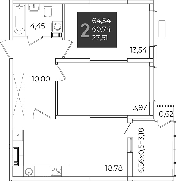 2-комн., 60.74 м², 18/21 этаж, ЖК «Образцово»