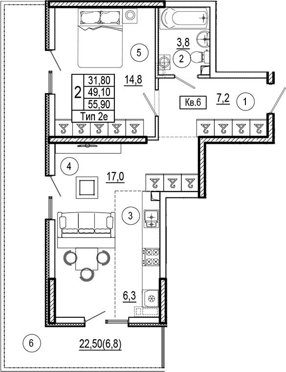 1-комн., 49.1 м², 1/7 этаж, ЖК «Аnapolis Residence»