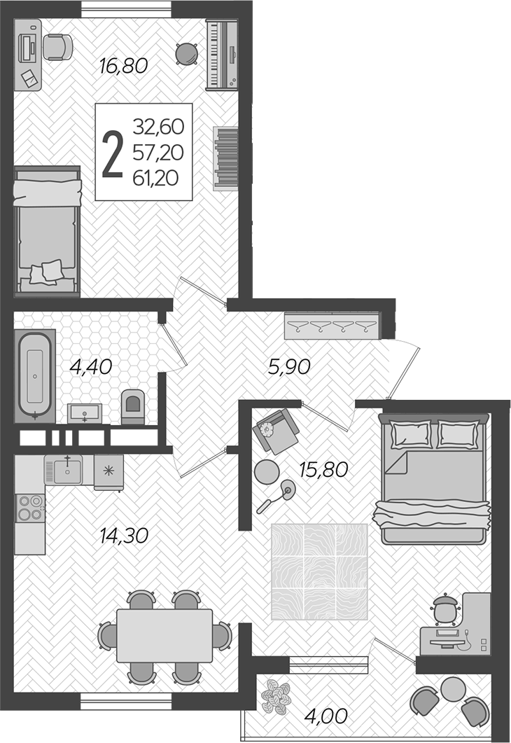2-комн., 58.2 м², 4/10 этаж, ЖК «Горный квартал»