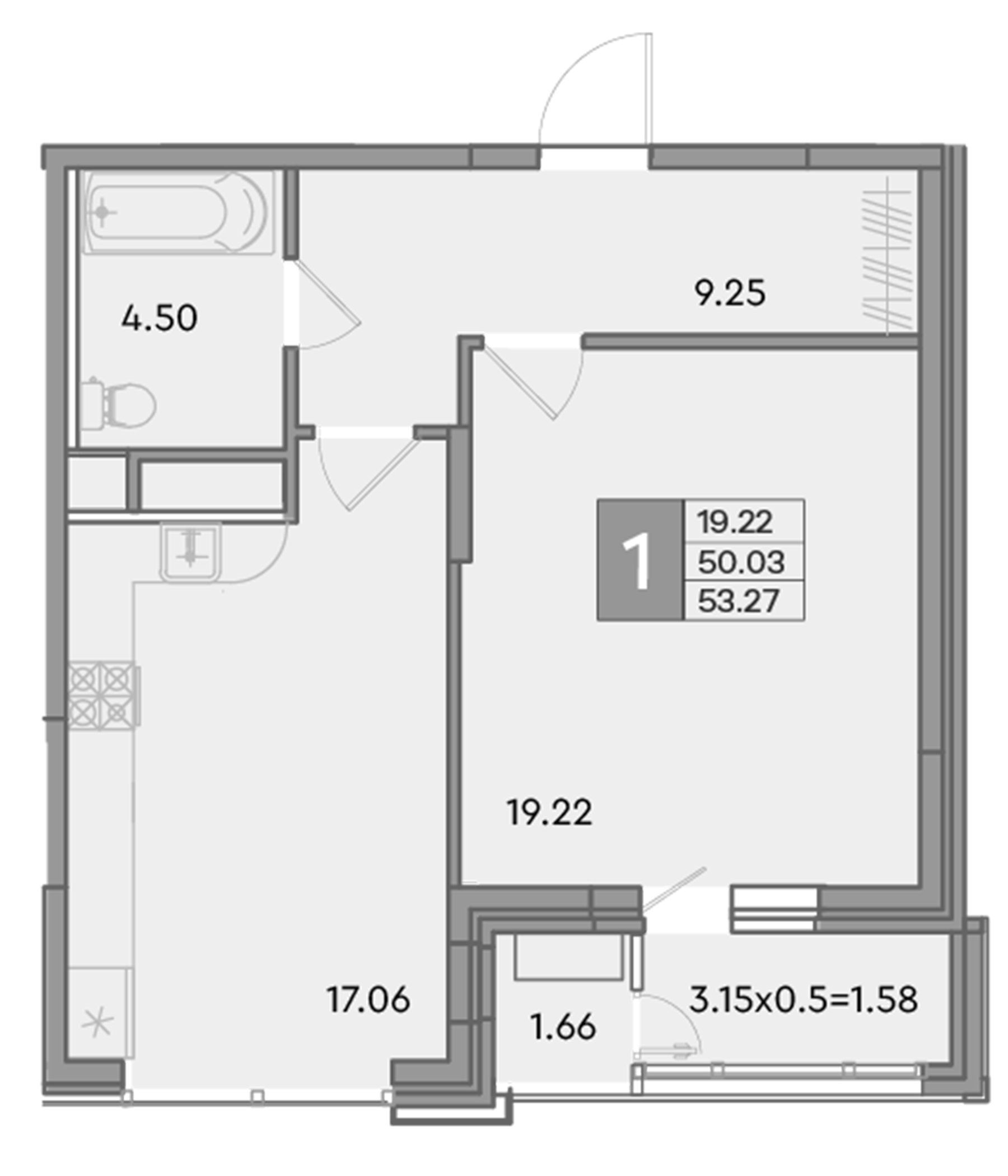 1-комн., 50.03 м², 7/12 этаж, ЖК «Эндемик»