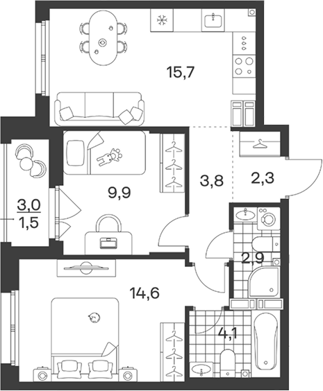 3-комн., 53.3 м², 6/9 этаж, ЖК «Символ. ГК Трест»
