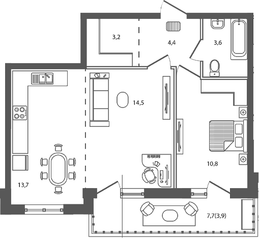 2-комн., 50.2 м², 2/7 этаж, ЖК «Сиреневый бульвар»