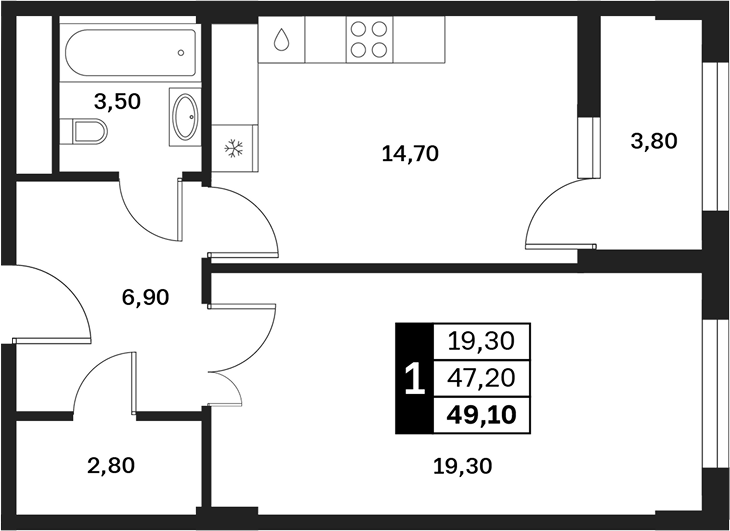 1-комн., 47.2 м², 8/13 этаж, ЖК «Аксис Патриот»