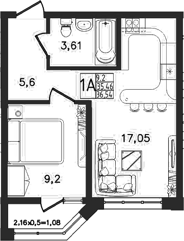 2-комн., 35.46 м², 10/16 этаж, ЖК «Яблоневый»