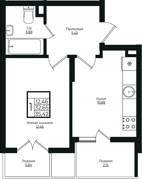 1-комн., 32.65 м², 10/10 этаж, ЖК «Европа-Сити»
