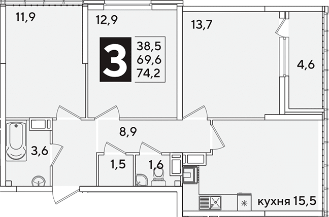 4+ комнаты, 69.6 м², 16/16 этаж, ЖК «Самолет»