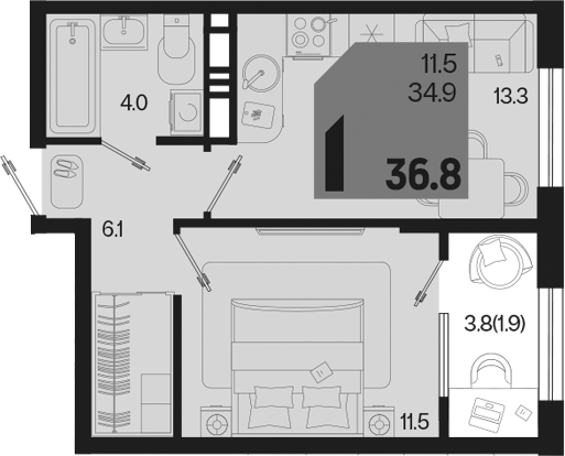1-комн., 34.9 м², 15/18 этаж, ЖК «Первое место»