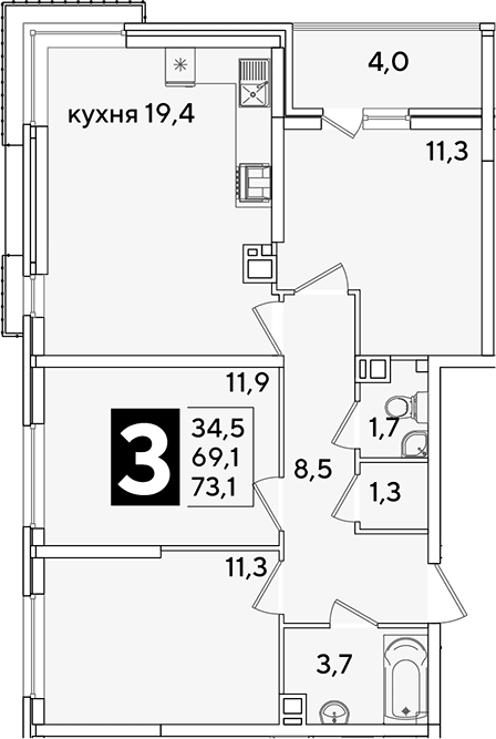 4+ комнаты, 69.1 м², 7/16 этаж, ЖК «Самолет»