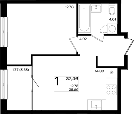 2-комн., 35.69 м², 17/18 этаж, ЖК «Патрики»